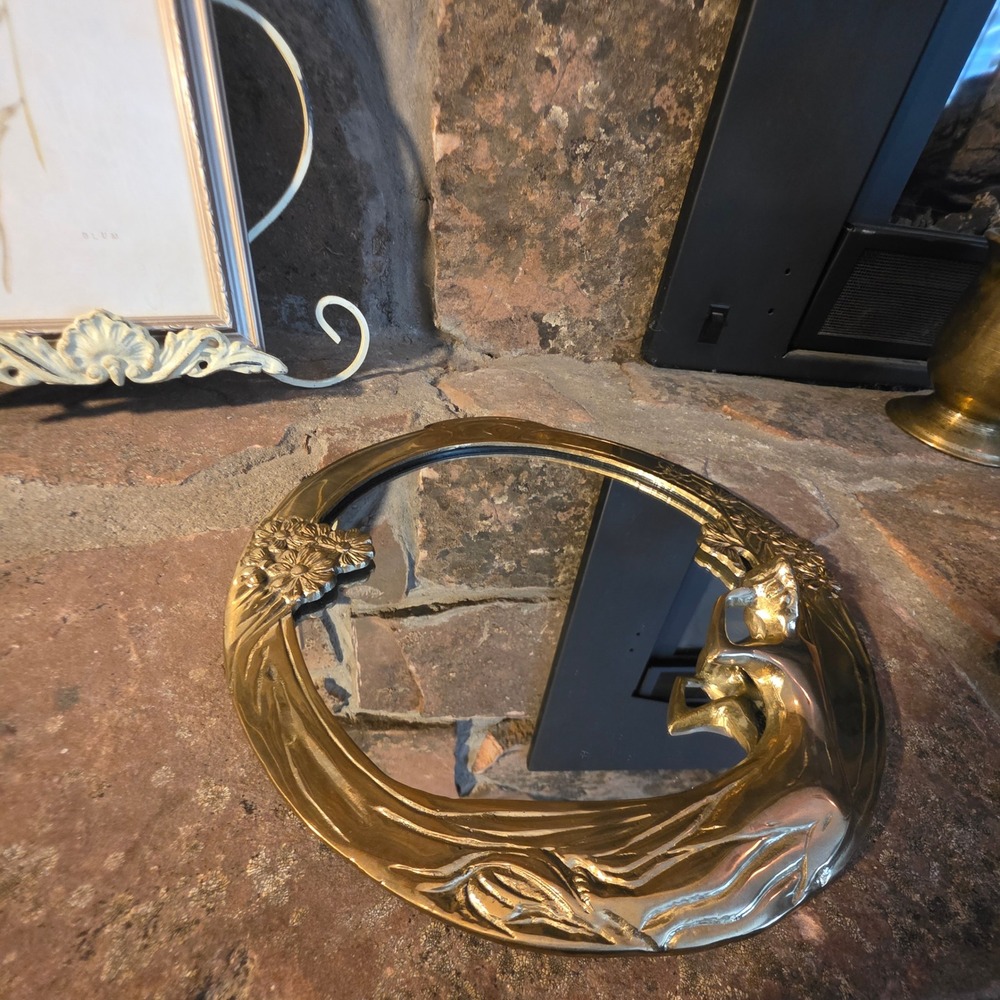 Gatco Vintage Art Nouveau Solid Brass Nymph Flower Round Mirror Vanity Tray 9.5" - Picture 3 of 11